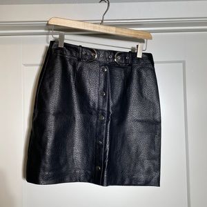 Faux Leather Mini Skirt with Attached Belt and Faux Buttons, Size S